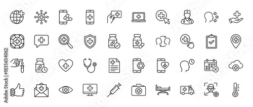 Medical and healthcare line icon set. Vector pictograms of telemedicine, syringe, stethoscope, pills, and heartbeat, thin outline illustration.