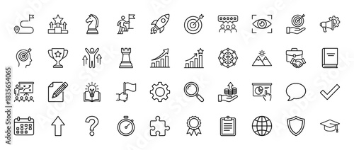Business line icon set. Vector pictograms of target, rocket, handshake, calendar, and puzzle, thin outline illustration.