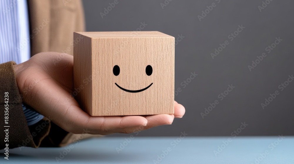 Obraz premium Hand grips a sad-faced wooden smiley on a blue table, highlighting customer experience while a business person is blurred in the background