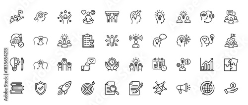 Business and personal growth line icon set. Vector pictograms of teamwork, creativity, strategy, and success, thin outline illustration.