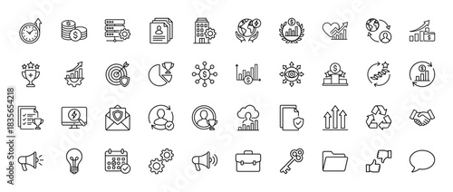 Business and finance line icon set. Vector pictograms of clock, money, growth, target, trophy, and handshake, thin outline illustration.