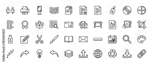Printing, publishing, and creative process line icon set. Vector pictograms of printer, document, envelope, scissors, and paint palette, thin outline illustration.