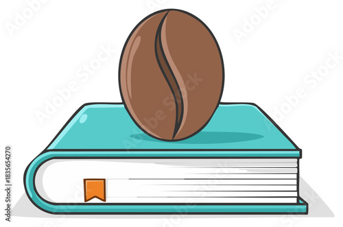 Cartoon Coffee Bean Resting Atop a Book with Bookmark for Education Illustration
