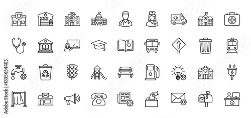Public services line icon set. Vector pictograms of police, hospital, school, doctor, ambulance, and transport, thin outline illustration.