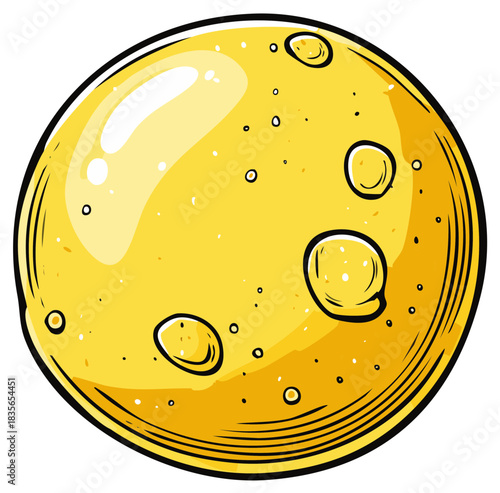 Stylized yellow celestial body with craters and highlights, a cosmic orb