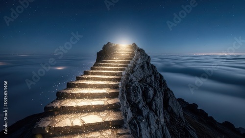 Illuminated stone steps ascend a rocky peak above clouds towards a bright night sky