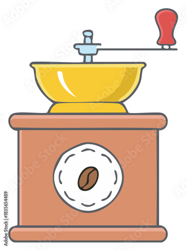 Manual coffee grinder with hand crank and coffee bean illustration cartoon