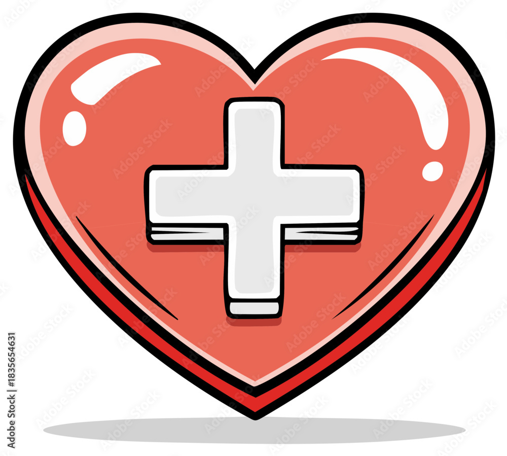 Obraz premium Glossy red heart health symbol with white medical cross icon for care and assistance