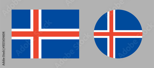 Iceland flag set. Flag icons. Icelandic national rectangular, round flag banners. Circle, rectangle flag badge.