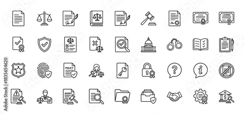 Law and justice line icon set. Vector pictograms of scales, gavel, contract, license, badge, and handcuffs, thin outline illustration.