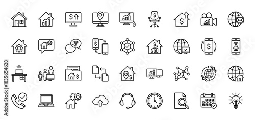 Real estate and remote work line icon set. Vector pictograms of house, chart, smartphone, office, and folder, thin outline illustration.