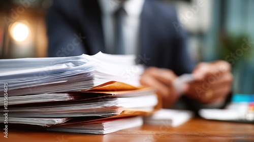 Pile of Documentation: A lawyer, deeply engrossed in his work, navigates the complexities of law. The scene is of legal professionalism. 