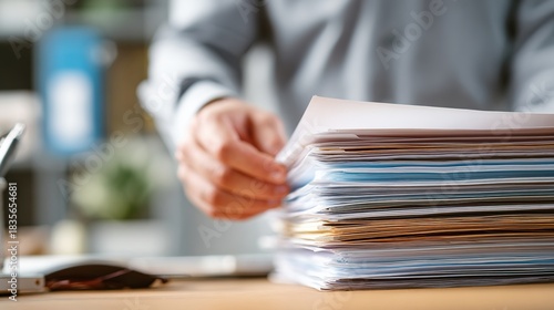 Meticulous Record Keeping: A professional's hand meticulously sorts through a dense stack of documents, highlighting the vital role of organization and diligence in professional life.