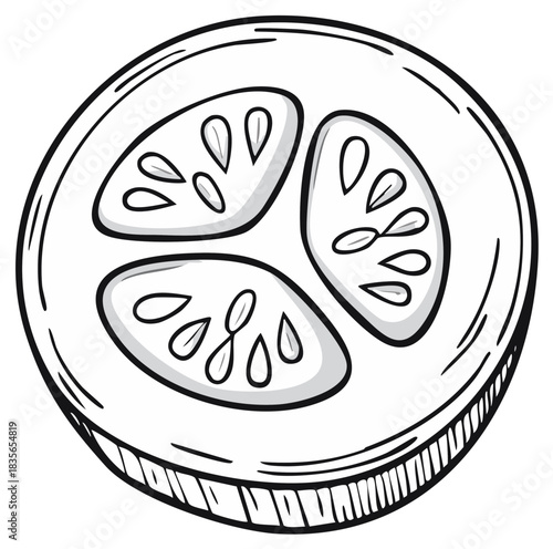 Sketch style illustration of a single fresh cucumber slice in black and white