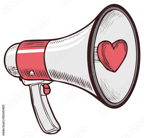 Love announcement - Red Heart on a megaphone for a loving speech