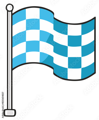 Checkered Finish Flag Waving on Pole Illustration, Light Blue and White