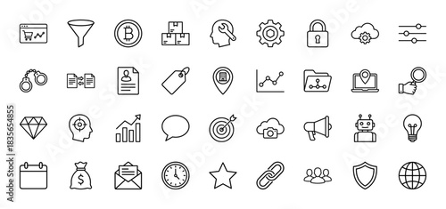 Business and technology line icon set. Vector pictograms of shopping cart, funnel, bitcoin, gear, lock, chart, map, robot, and money bag, thin outline illustration.
