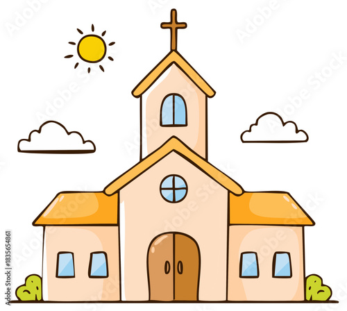 Cute hand-drawn cartoon church building with cross, sun, and fluffy clouds