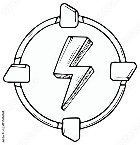 Hand drawn lightning bolt energy symbol within a target focus circle outline icon
