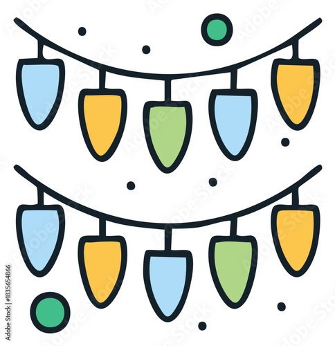 Vector graphic illustration of colorful party lights on string for decoration and celebration