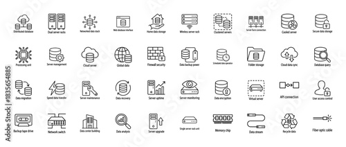 Information technology line icon set. Vector pictograms of database, servers, data storage, and network maintenance, thin outline illustration.