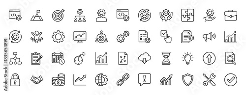 Business strategy and project management line icon set. Vector pictograms of settings, gear, target, handshake, and growth chart, thin outline illustration.