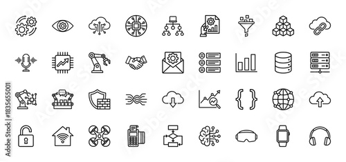 Technology and data line icon set. Vector pictograms of settings, cloud computing, processor, database, and firewall, thin outline illustration.