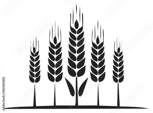 Five Black Silhouette Wheat Stalks with Detailed Grains on a White Background