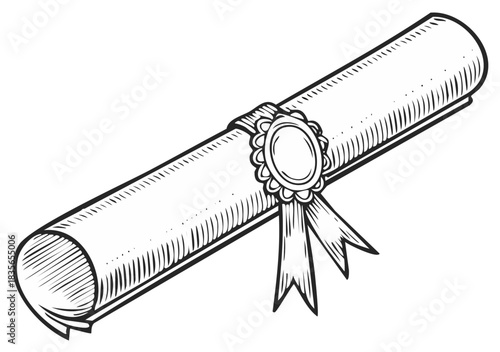 Hand drawn rolled diploma scroll with a ribbon and seal in a vintage sketch style illustration