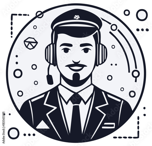 Customer service representative with headset and tie inside a circle