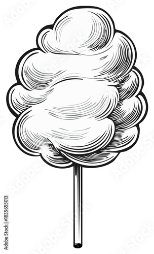 Hand Drawn Cotton Candy Illustration on Stick, Vintage Style, Carnival Treat, Sweet Snack, Engraved