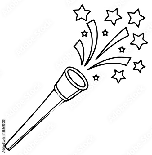 Party popper exploding with stars and confetti black and white line art illustration