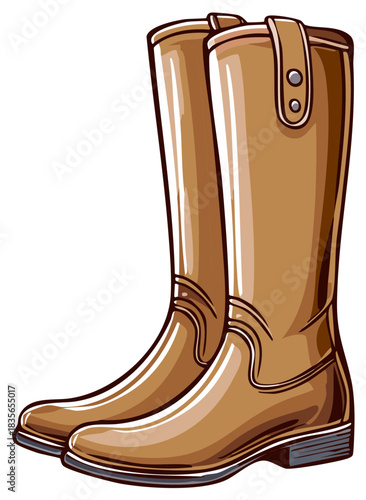 A pair of shiny brown tall riding boots with straps in a clean illustration style