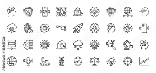 Artificial intelligence line icon set. Vector pictograms of neural networks, processors, data, and robotics, thin outline illustration.