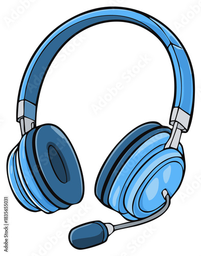 Blue Over Ear Headphones with Microphone for Gaming or Video Conferencing Cartoon Illustration