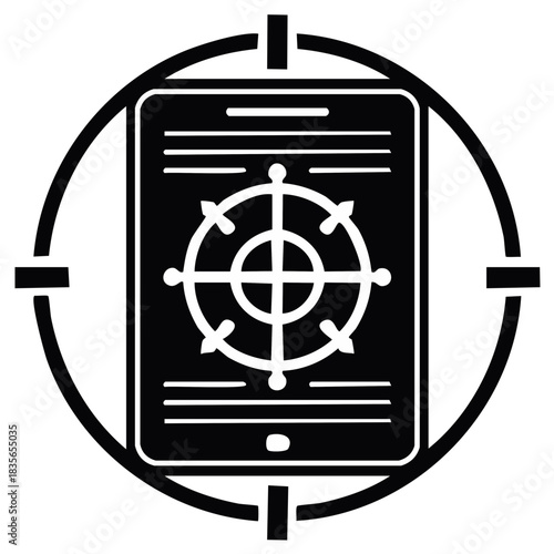 Targeted digital navigation icon with a tablet in crosshairs and a compass rose