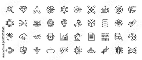 Technology line icon set. Vector pictograms of machine learning, data, artificial intelligence, and robotic concepts, thin outline illustration.
