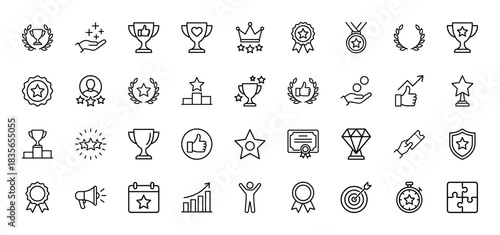 Success and achievement line icon set. Vector pictograms of trophy, crown, medal, diamond, and badge, thin outline illustration.