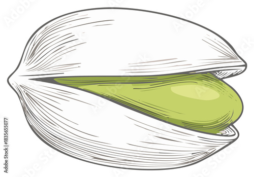 Illustrated pistachio nut with opened shell and green kernel in line art style