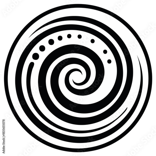 Black spiral symbol with dots in a circle abstract design