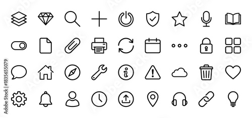 Universal user interface line icon set. Vector pictograms of settings, search, printer, calendar, and security symbols, thin outline illustration.