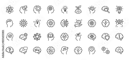 Intelligence and creativity line icon set. Vector pictograms of brain, light bulb, thinking head, gear, and quantum atom, thin outline illustration.