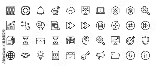 Business and technology line icon set. Vector pictograms of files, charts, calculator, clock, target, and global network, thin outline illustration.