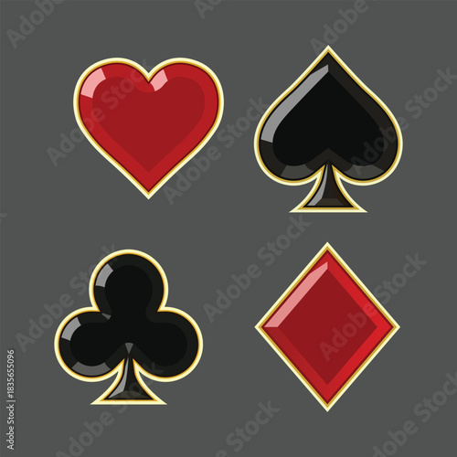 Playing Card Suits Icon Set with Gold Border – Heart Spade Club Diamond – Vector Illustration