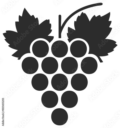 Stylized dark gray grape bunch icon with two vine leaves simple fruit vector illustration