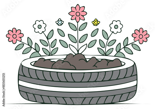 Upcycled Tire Planter with Flowers and Soil Eco Friendly Garden Concept