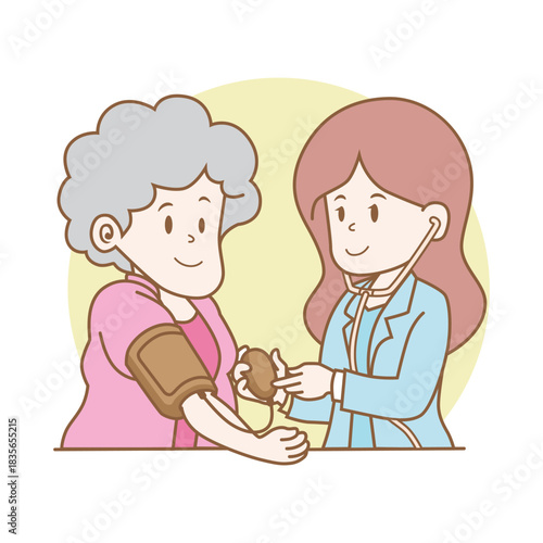 Vector Illustration of Middle-aged woman having Her Blood Pressure Checked by a Female Doctor in Flat Style Cartoon.eps