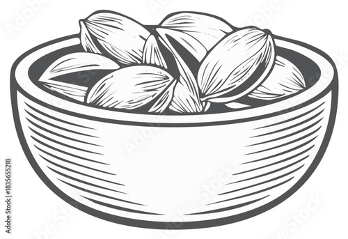 Monochrome line art illustration of a rustic bowl filled with natural healthy nuts