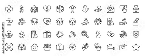 Charity and donation line icon set. Vector pictograms of heart, hands, gift, money, and medical care, thin outline illustration.