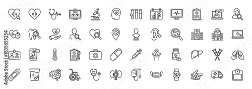 Healthcare line icon set. Vector pictograms of stethoscope, syringe, crutches, lungs, kidney, and pills, thin outline illustration.